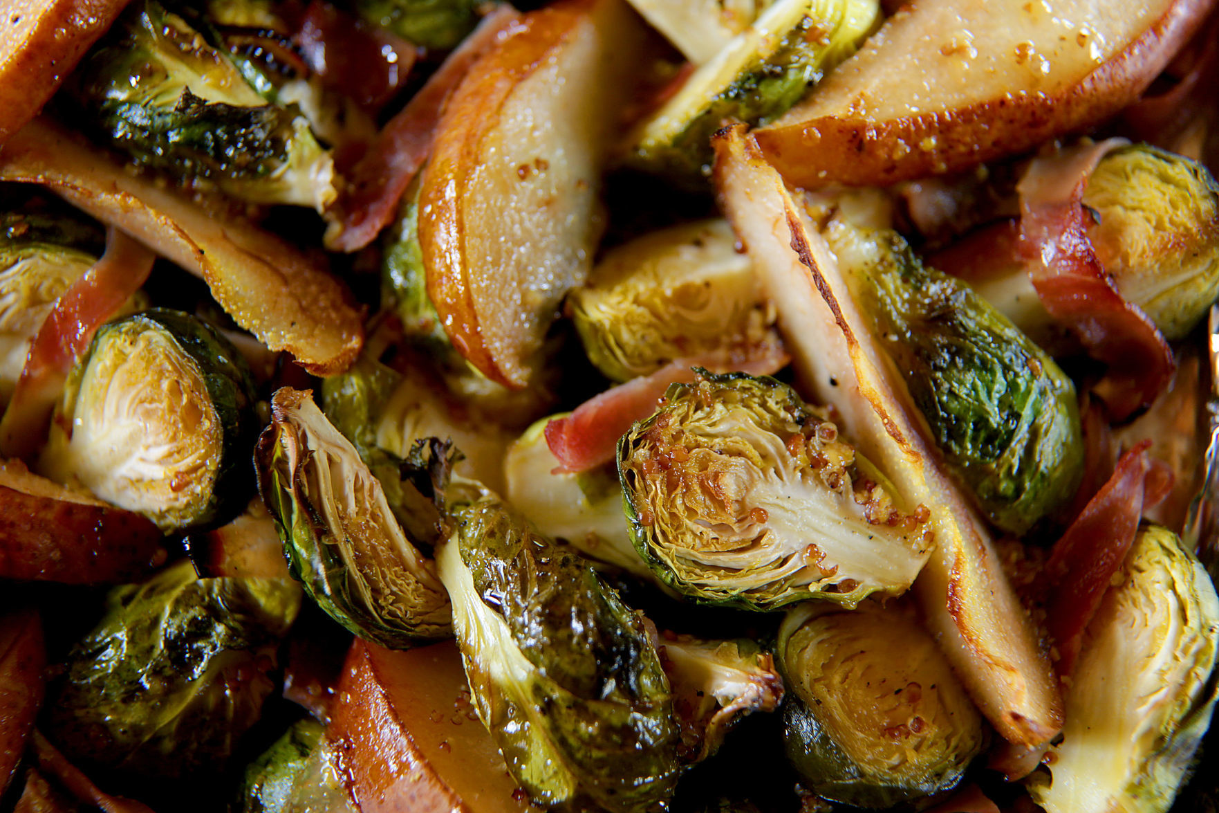 brussels sprouts with pear and black forest ham